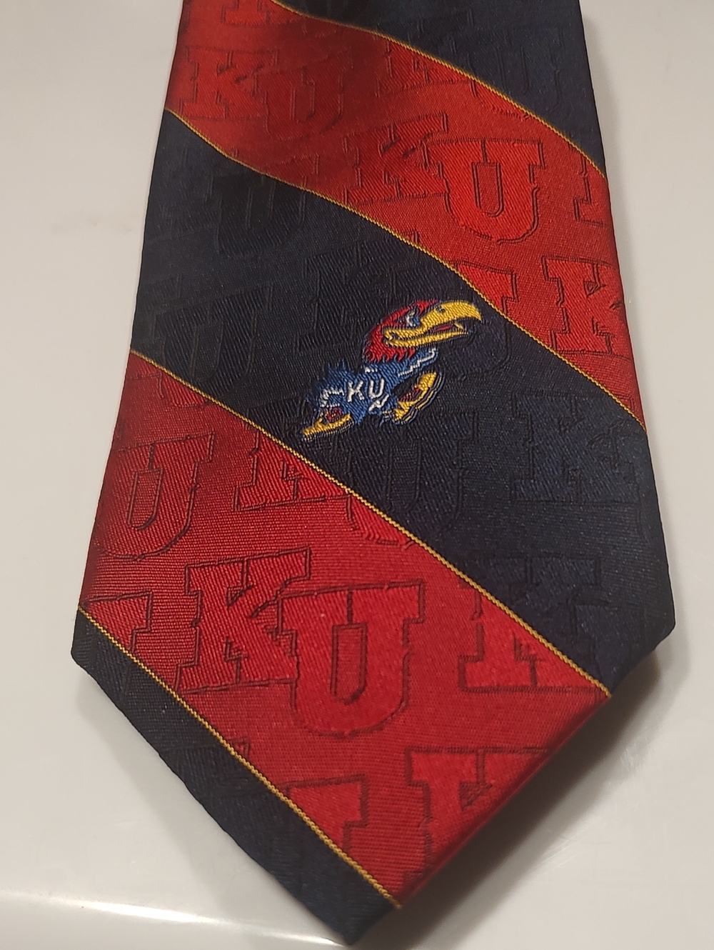Vintage University of Kansas Jayhawks Red & Navy Stripe Mens Tie